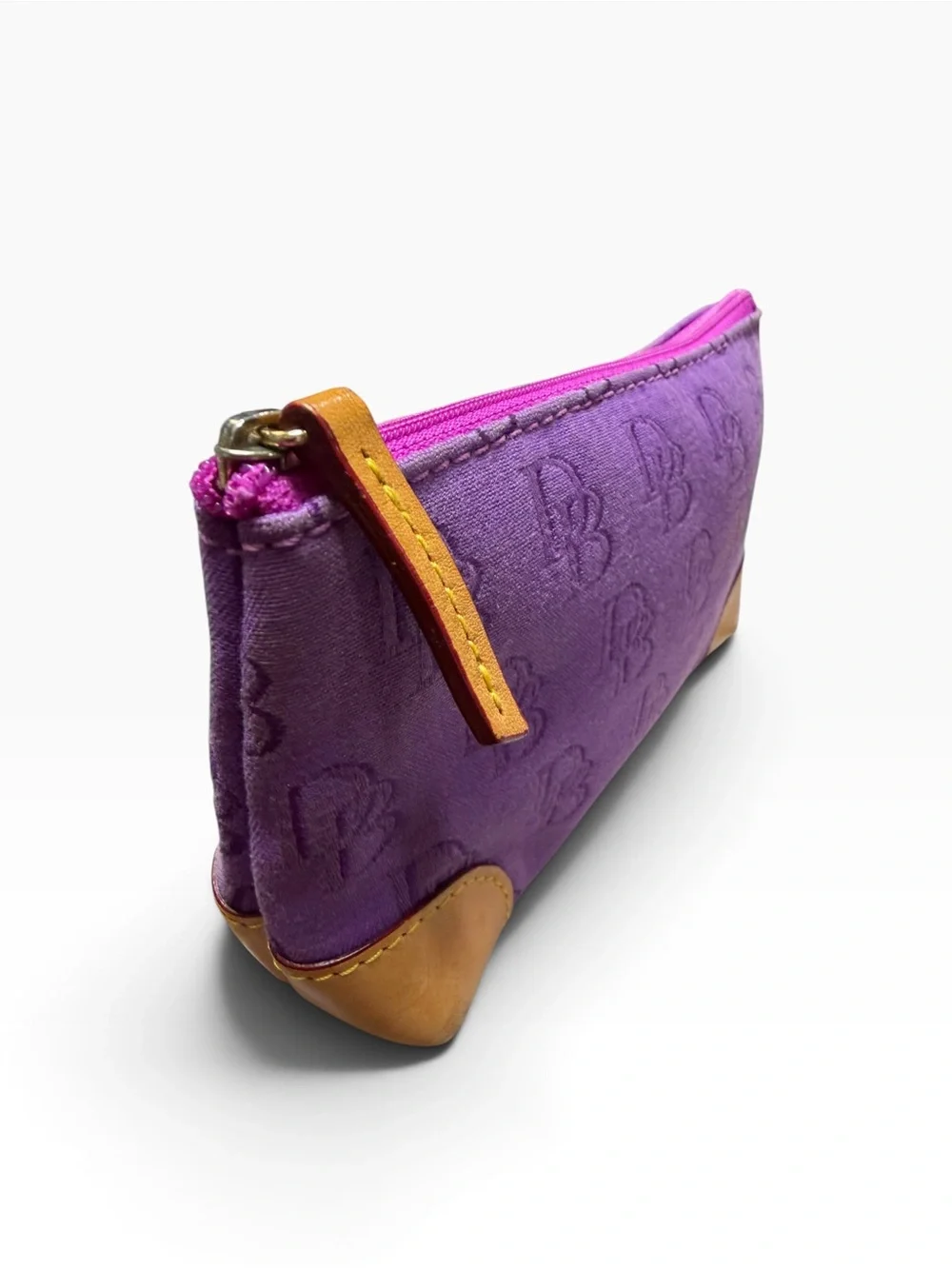 Vintage Dooney & Bourke Purple DB Monogram Cosmetic Pouch Leather Trim